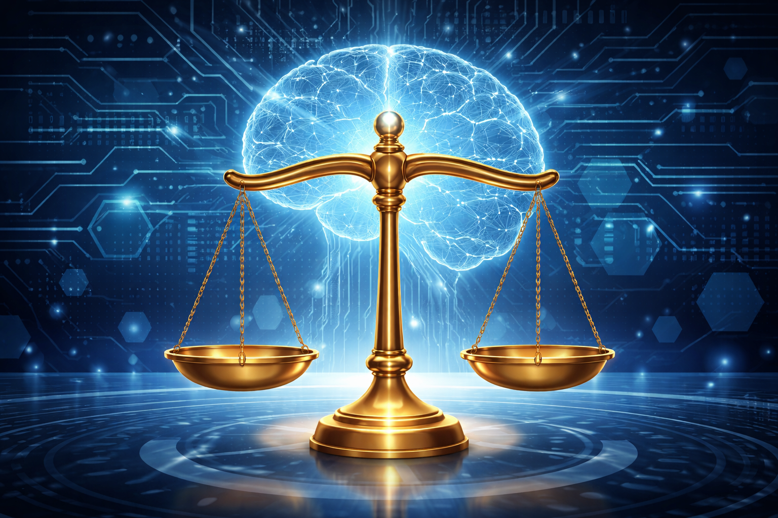 Illustration de balances de justice et de représentations numériques symbolisant l'IA.