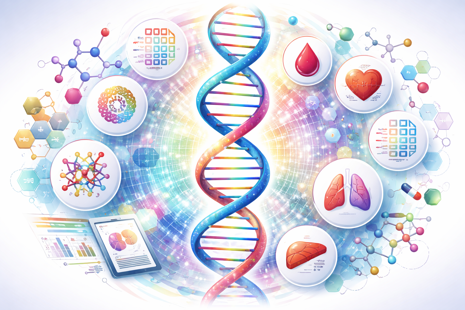 Illustration stylisée montrant des biomarqueurs sous forme de structures moléculaires et génétiques, avec des éléments graphiques.